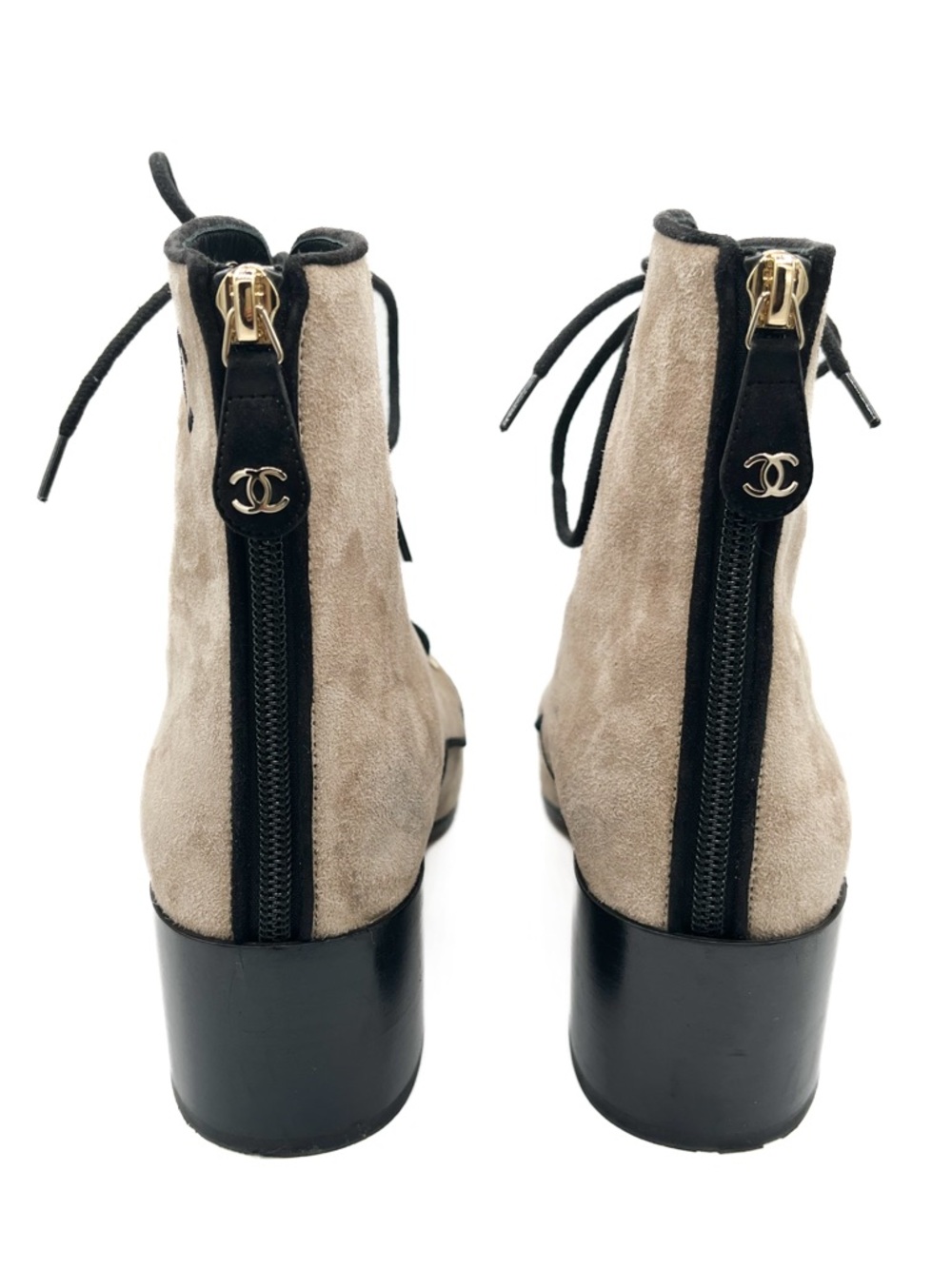 Chanel Interlocking CC Logo Suede CC Lace Up Short Heeled Cap Toe Boots - Picture 4 of 7